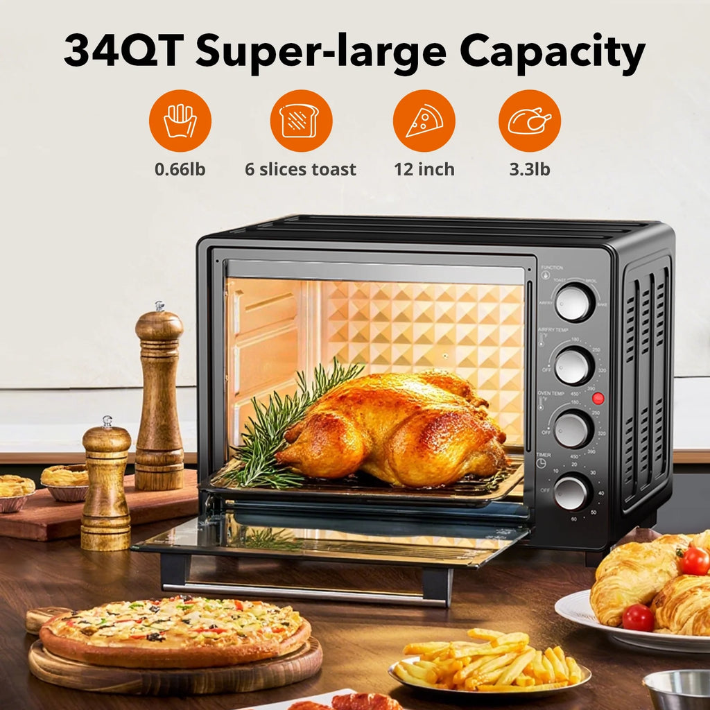 34 QT Super - Large Air Fryer, Oil - Less Air Fryer Toaster Oven Combo with Pizza, Warm, Broil, Toast, Bake, Air Fry, 5 Functions - Black