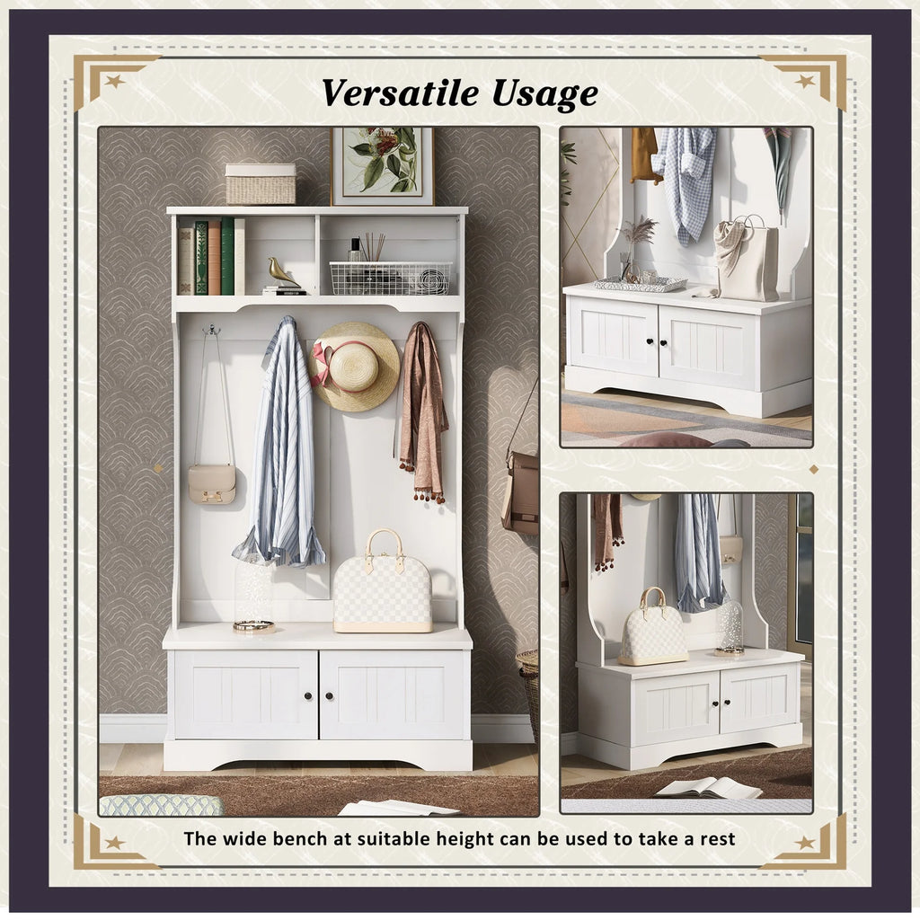Hall Tree with Upholstered Bench and Coat Rack, Entryway Bench with 3 Hooks, 3 Open Shelves, 2 Drawers & Storage Cabinets, Mudroom Bench with Storage and Hooks for Foyer, Entry Way, Hallway (Beige)