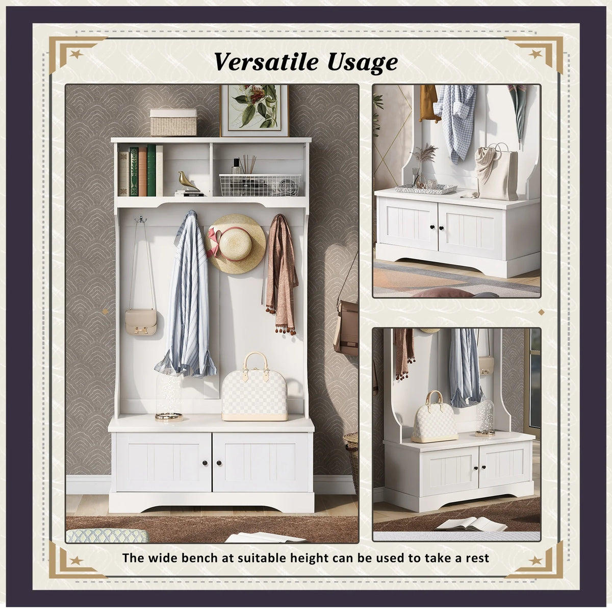 Hall Tree with Upholstered Bench and Coat Rack, Entryway Bench with 3 Hooks, 3 Open Shelves, 2 Drawers & Storage Cabinets, Mudroom Bench with Storage and Hooks for Foyer, Entry Way, Hallway (Beige)