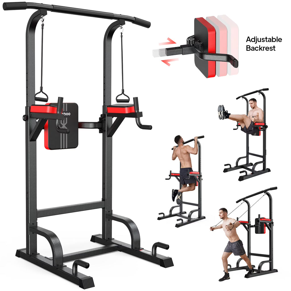 LNOW Multifunction Power Tower Pull up Bar Dip Station Power Rack with Adjustable Backrest for Home Gym Strength Training Workout Equipment Max Weight 480 lb