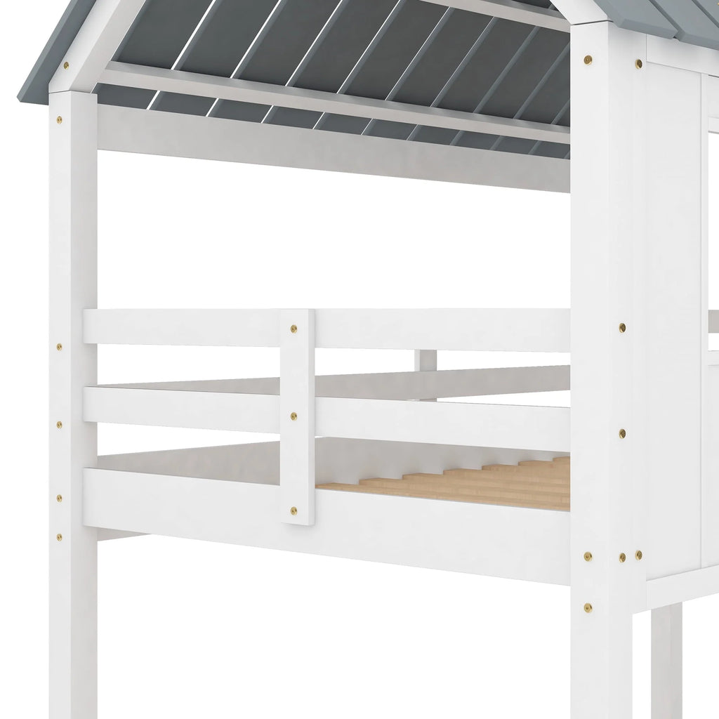 Euroco Twin Over Twin Low Bunk Bed with Roof and Guardrail for Kids Room, White