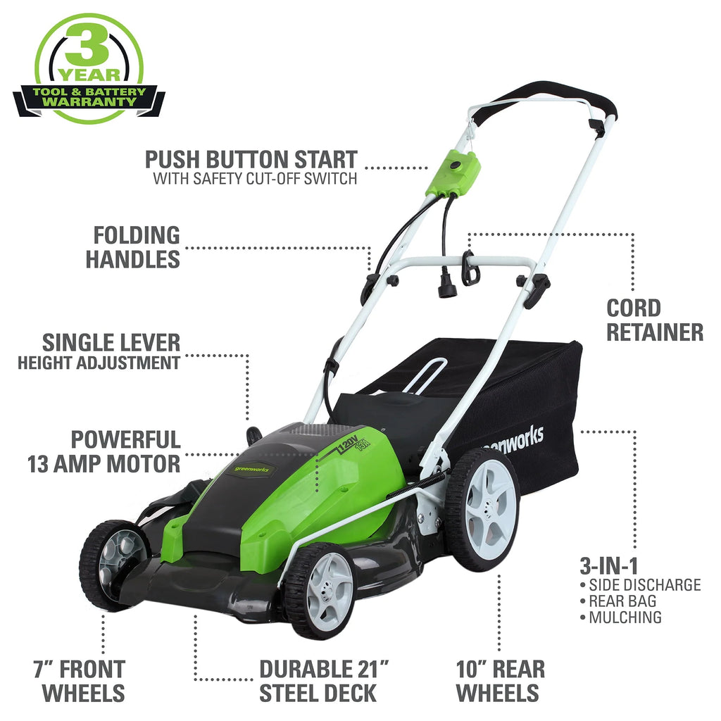 Greenworks 13 Amp 21 - Inch Corded Electric Walk - Behind Push Lawn Mower, 25112