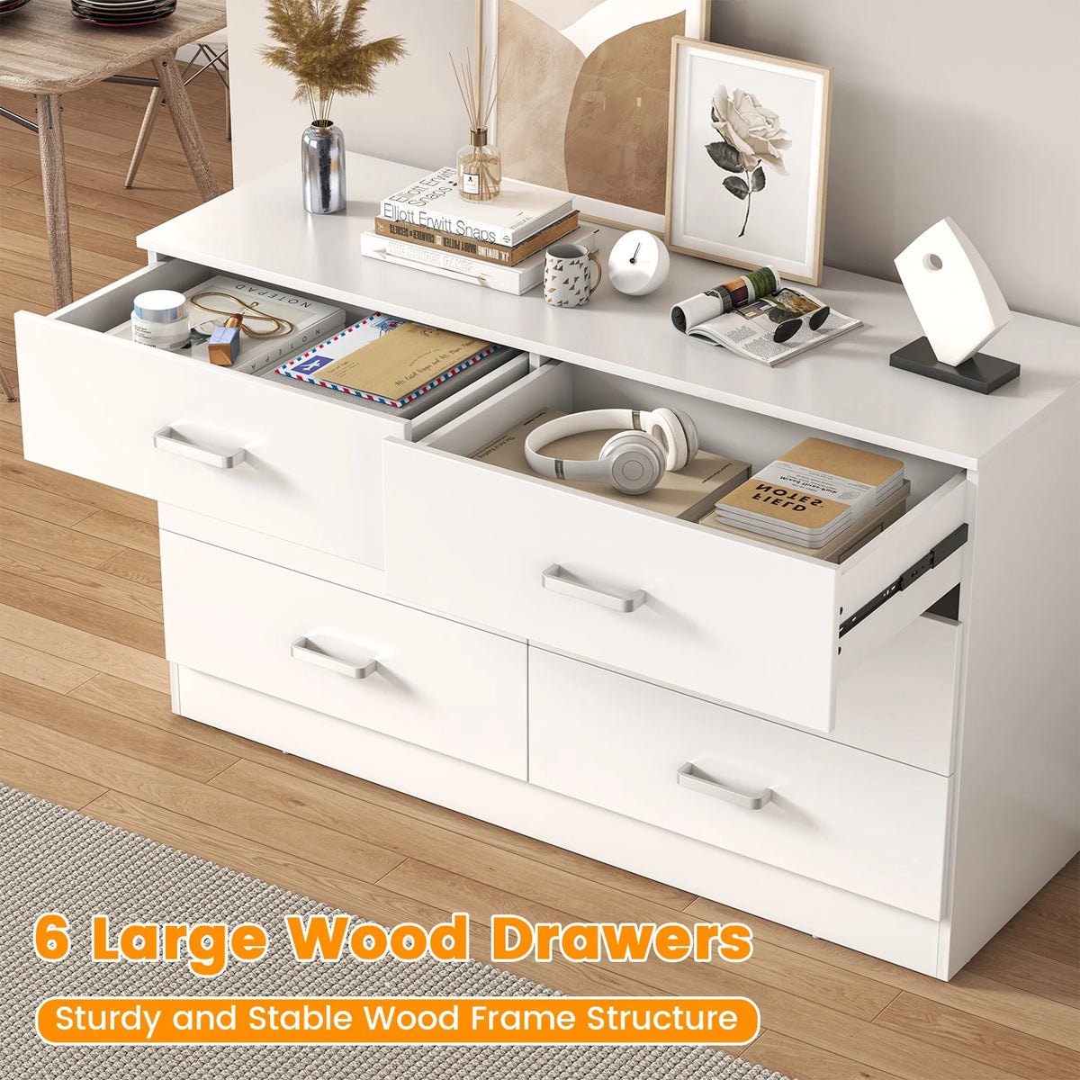 Winkalon 6 Drawer White Double Dresser, Wood Storage Cabinet with Easy Pull Out Handles for Living Room, Chest of Drawers for Bedroom