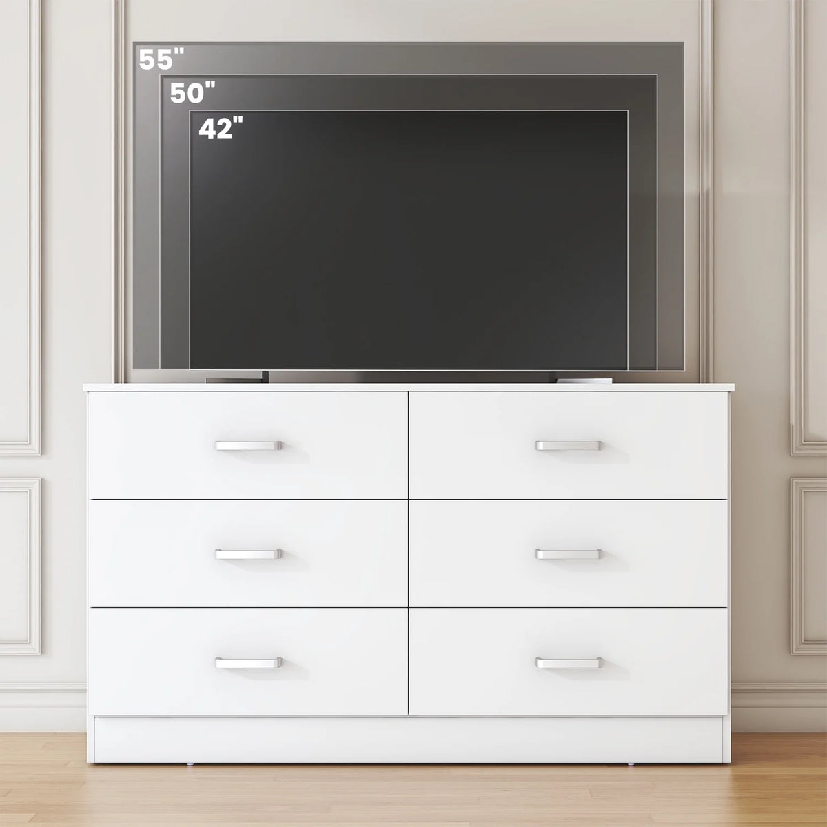 Winkalon 6 Drawer White Double Dresser, Wood Storage Cabinet with Easy Pull Out Handles for Living Room, Chest of Drawers for Bedroom