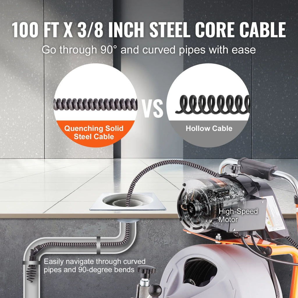 VEVOR Drain Cleaner Machine 100FT x 3/8 in, Auto Feed Sewer Snake Drain Auger on Wheels, Portable Drain Cleaning Machine with 8 Cutters & Air - Activated Foot Switch for 2" to 4" Pipes