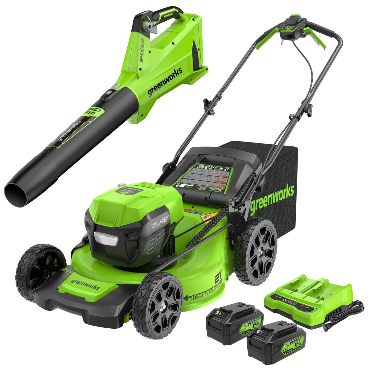 greenworkstools-48V (2x24V) 21" Cordless Self-Propelled Mower & 450 CFM Blower Combo Kit w/ (2) 5.0Ah Batteries & Dual Port Charger