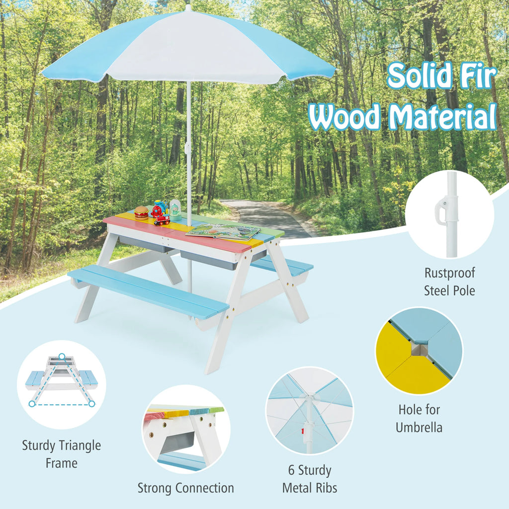 Costway 3 - in - 1 Kids Picnic Table Wooden Outdoor Sand & Water Table with Umbrella Play Boxes Green