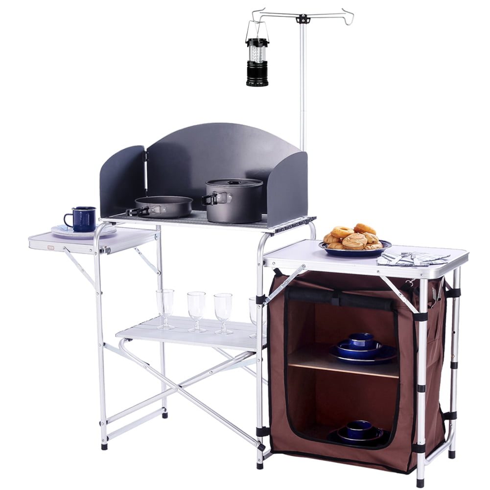 Folding Cooking Table Outdoor Portable Cook Station Aluminum Camping Kitchen with Storage Organizer.Silver
