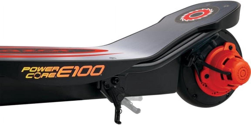 Razor Power Core E100 Electric Scooter with Aluminum Deck - Red. Ages 8+ and up to 120 lb. 8″ Pneumatic Front Tire. up to 11 Mph and up to 60 Mins of Ride Time. 100W Hub Motor. Unisex