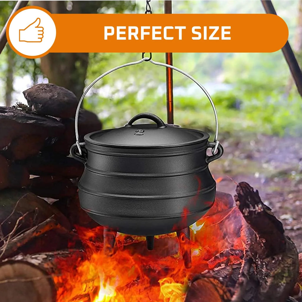 Bruntmor Pre - Seasoned Cast Iron Cauldron - Bruntmor African Potjie Pot with Lid - 3 Legs for Even Heat Distribution - Camping Dutch Oven Cookware for Over - the - Fire Cooking - 10 Quarts, X - Large