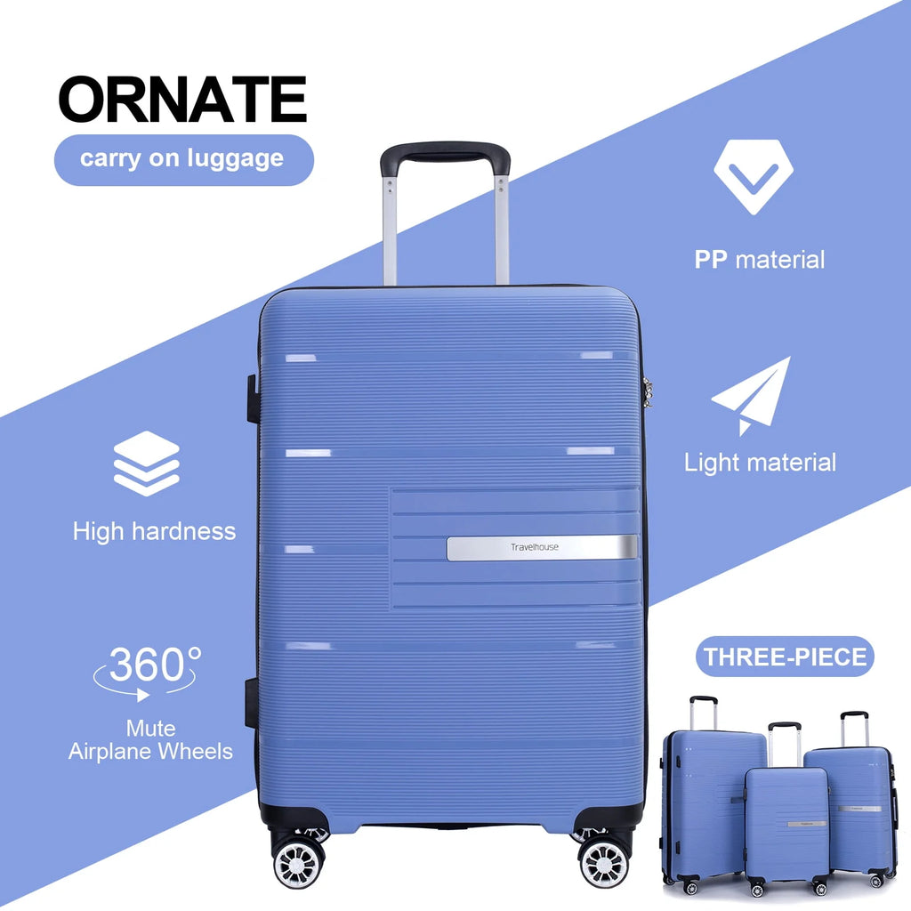 Tripcomp 3 Piece Luggage Sets, Hard Shell Carry on Luggage, PP Case with Two Hooks, Spinner Wheels, TSA Lock, Airline Approved, Lightweight Durable Suitcase, （20"24"28"）(Purplish Blue)