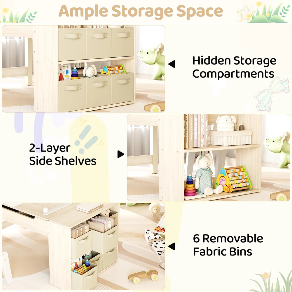 LAZY BUDDY Kids Art Table and 2 Chairs Set, 2 in 1 Easel & Toddler Craft Table and Chairs Set with Storage Bins, Paint Cups and Paper Roll, Activity Table Set for Children 3+