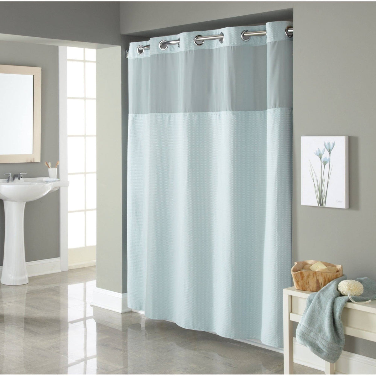 Hookless Waffle 54" x 80" Stall Fabric Shower Curtain in Mist Blue