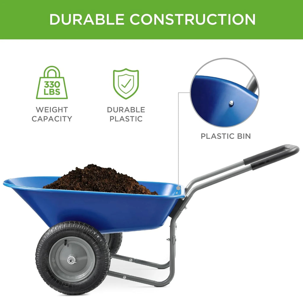 SEEKOL Dual - Wheel Home Utility Yard Wheelbarrow Garden Cart W/Built - in Stand for Lawn, Gardening, Construction, Green