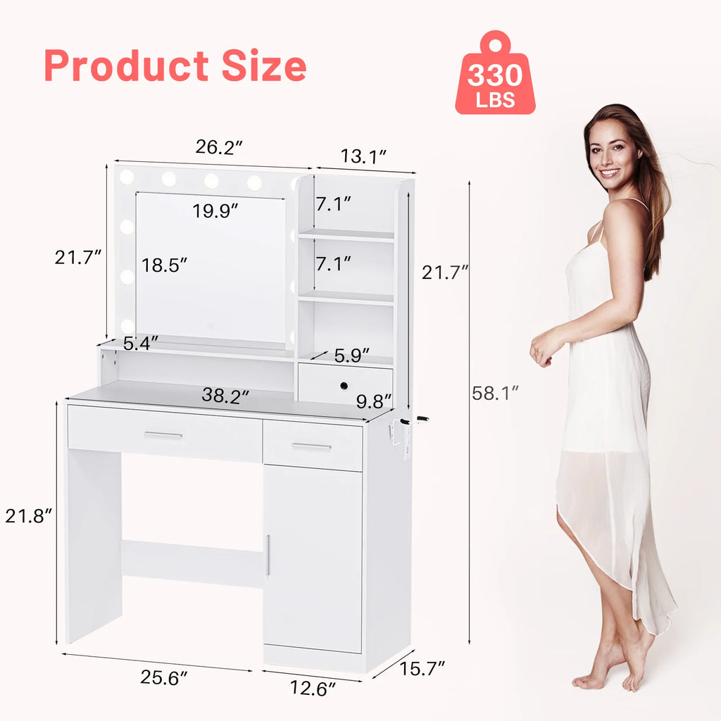Blorly White Vanity Desk with Mirror, Makeup Vanity Table with LED Lights and Power Outlet, 3 Drawer, 4 Shelves, 1 Cabinet