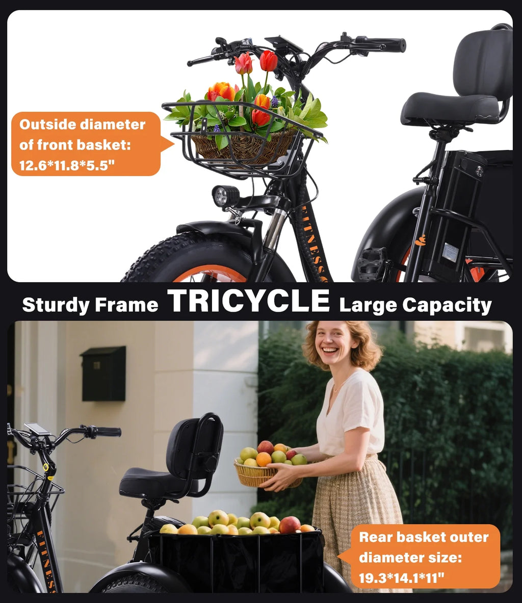 YEBEI Electric Tricycle for Adults Folding E - Trike Motorized Tricycle Electric 3 Wheels Trike Powerful 500W Motor Electric Tricycle 48V15AH Lithium Battery Max 20MPH 20*4.0" Fat Tire Orange