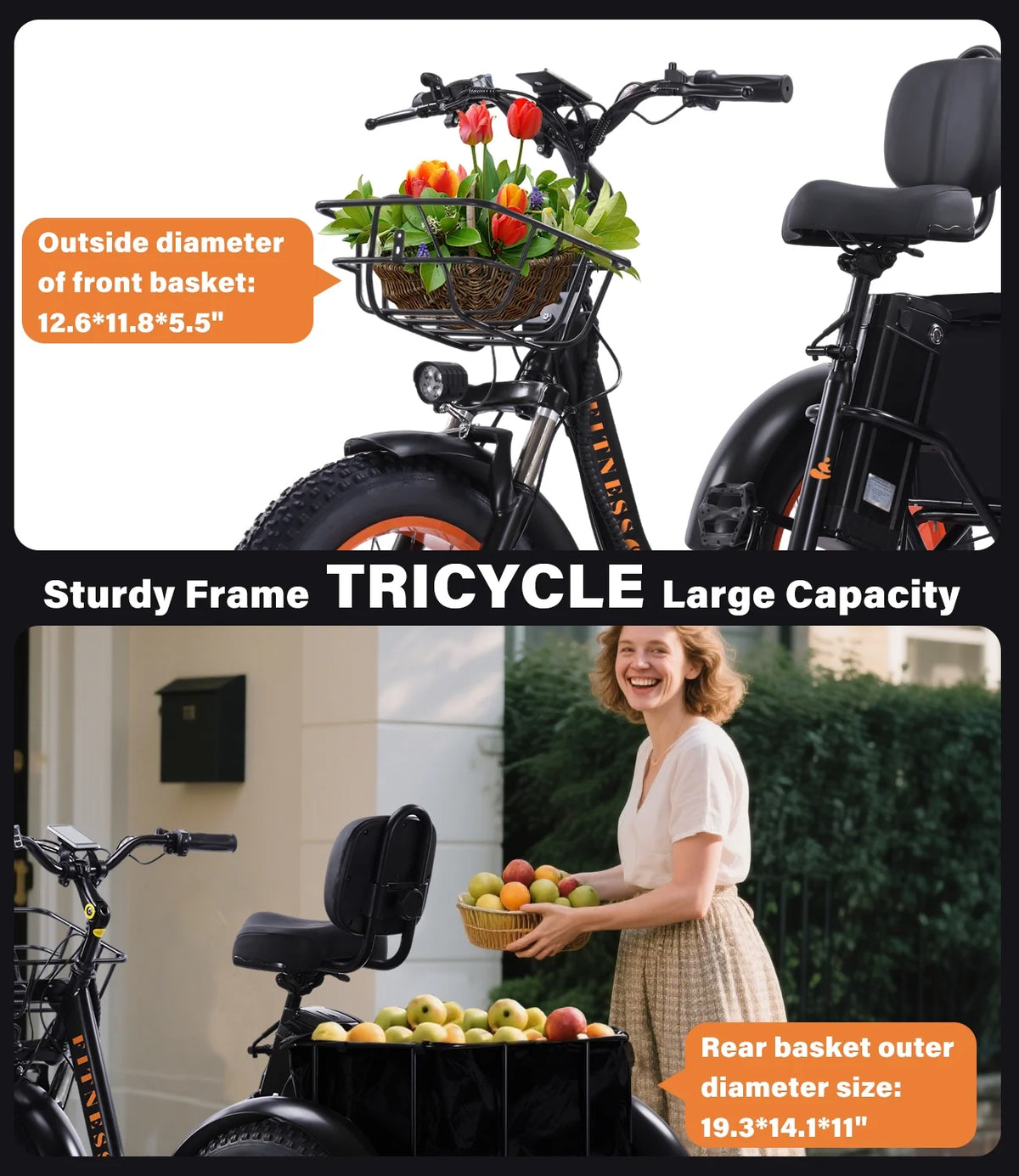 YEBEI Electric Tricycle for Adults Folding E - Trike Motorized Tricycle Electric 3 Wheels Trike Powerful 500W Motor Electric Tricycle 48V15AH Lithium Battery Max 20MPH 20*4.0" Fat Tire Orange