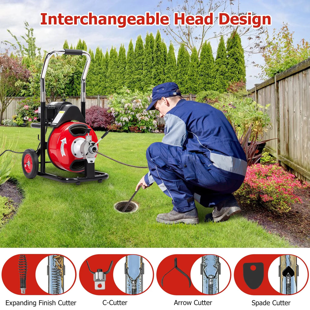 Roromall Drain Cleaner Machine 50FT/75FT/100FT x 3/8 - Inch/1/2 - Inch Sewer Auger Electric Drain Auger Sewer Snake with 4 Cutter, Air - Activated Foot Switch, Gloves