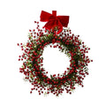 Holiday Time Non-Lit Red Berry Velvet Bow Boxwood Wreath Decor, 24 inch Tall, 20.46 oz