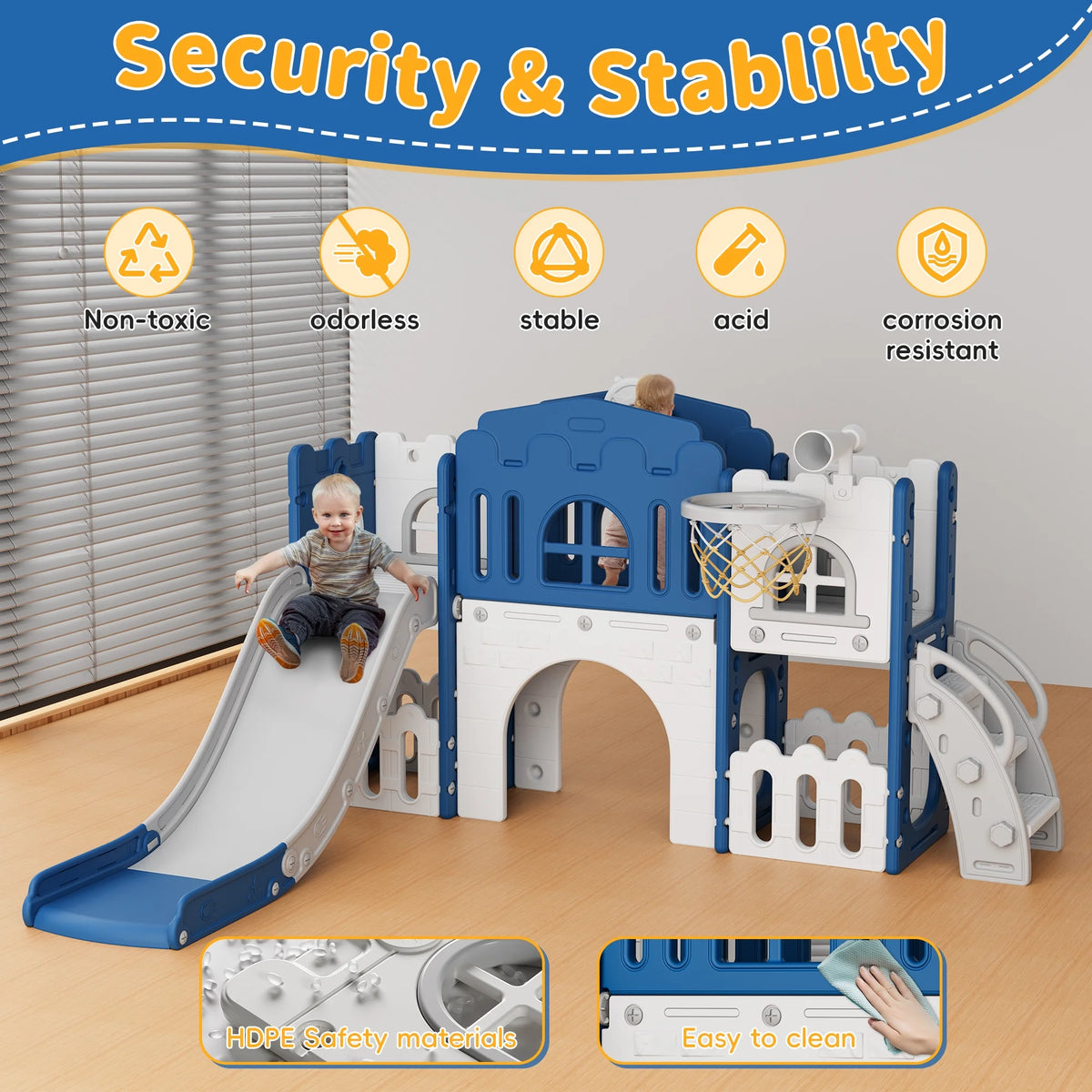 WFUN 9 in 1 Toddler Slide Playset for Kids Indoor/Outdoor for Toddlers Age 1+, Blue & Gray