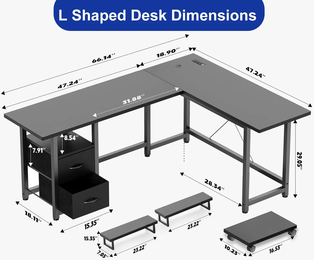 Lofka L Shaped Gaming Desk with Power Outlets, Computer Desk with Shelf and Drawers for Home /Office, Black