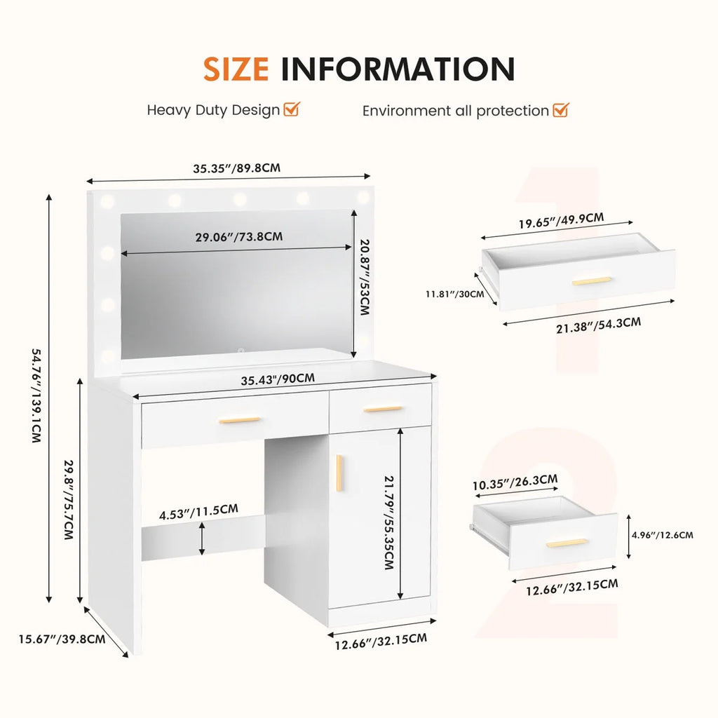 Blorly White Vanity Desk with Mirror, Makeup Vanity Table with LED Lights and Power Outlet, 3 Drawer, 4 Shelves, 1 Cabinet