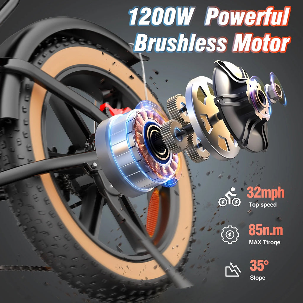 Ridstar Electric Biycle for Adults, 1200W 32MPH, 48V 20AH Electric Dirt Bike, 20" Fat Tire 7 Speed Mountain Bike UL2849