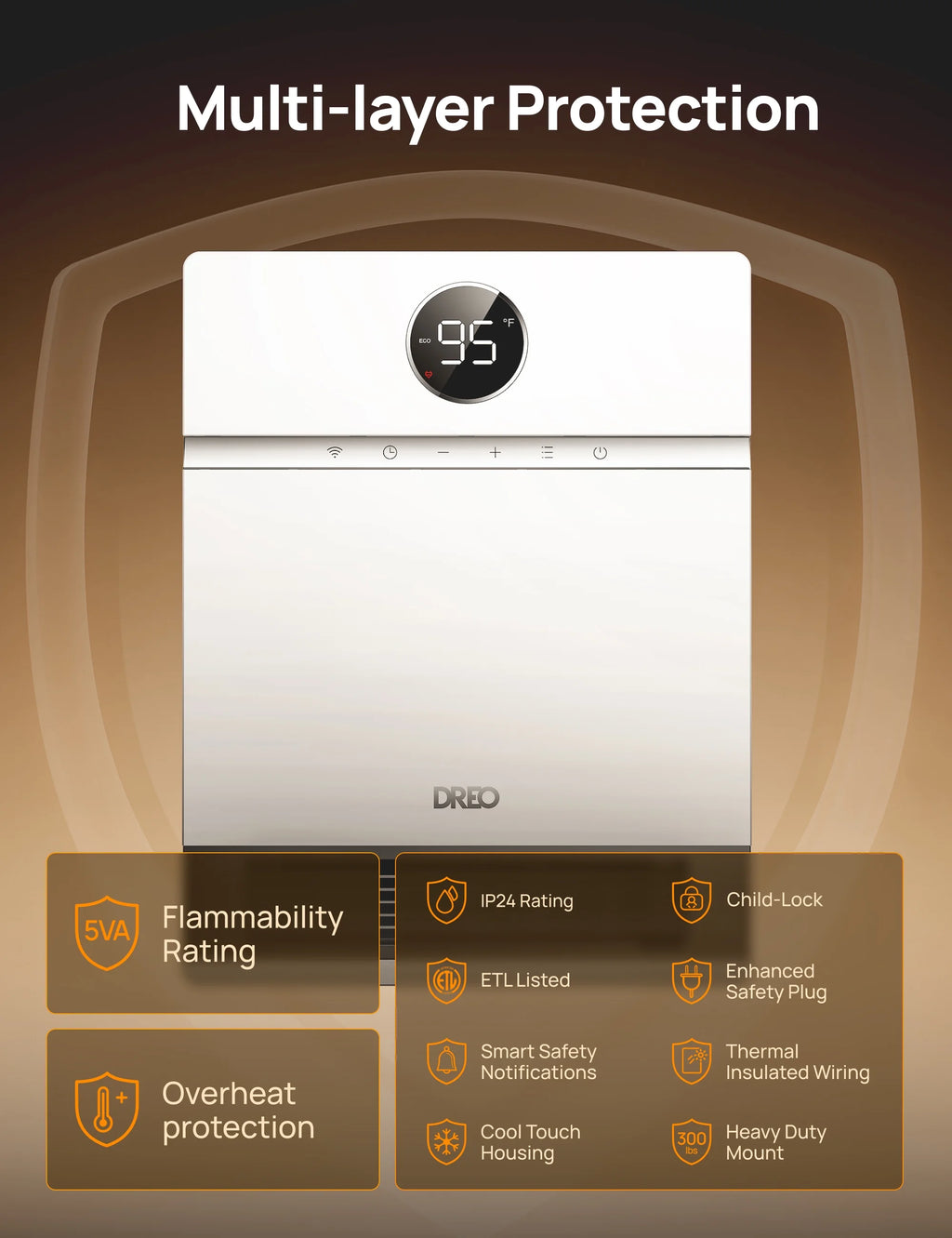 Dreo Smart Wall Heater, IP24 Electric PTC Space for Indoor Use, 30 Oscillation, Adjustable Thermostat, Remote Control, Works with Alexa, 24H Timer, Easy - Mounted for Bedroom, Office