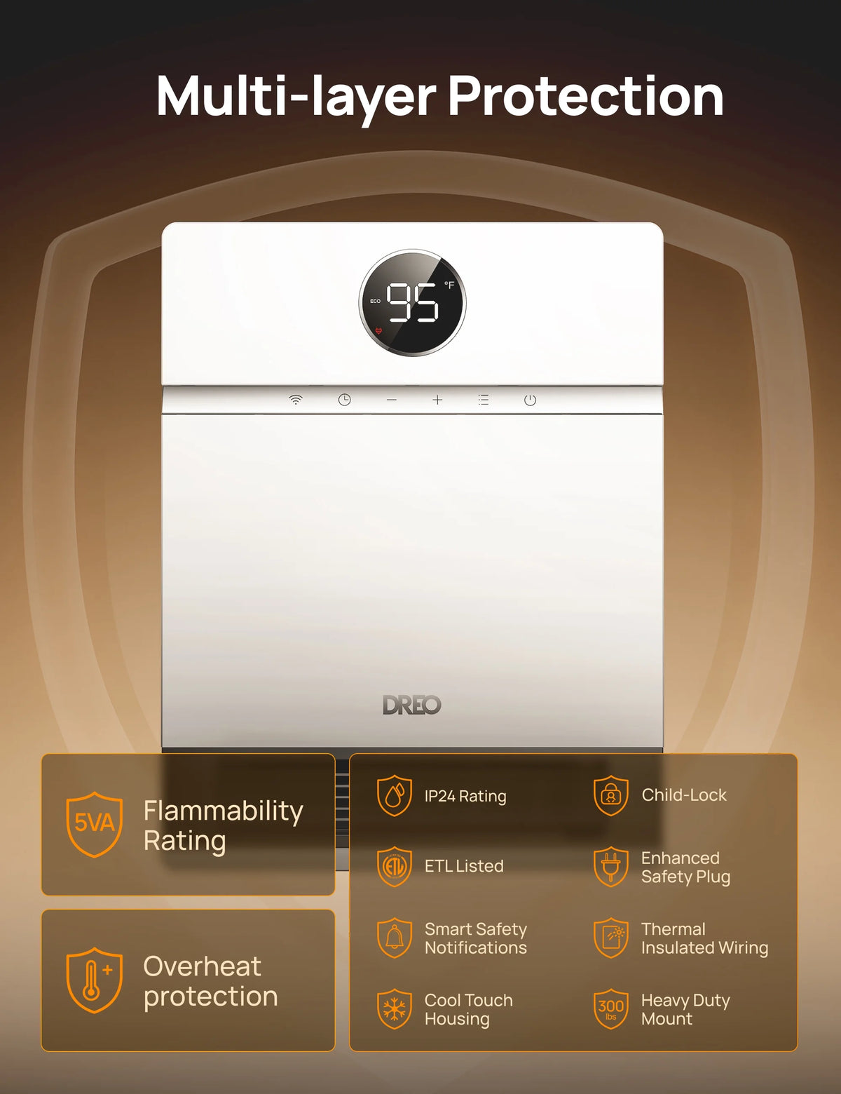 Dreo Smart Wall Heater, IP24 Electric PTC Space for Indoor Use, 30 Oscillation, Adjustable Thermostat, Remote Control, Works with Alexa, 24H Timer, Easy - Mounted for Bedroom, Office