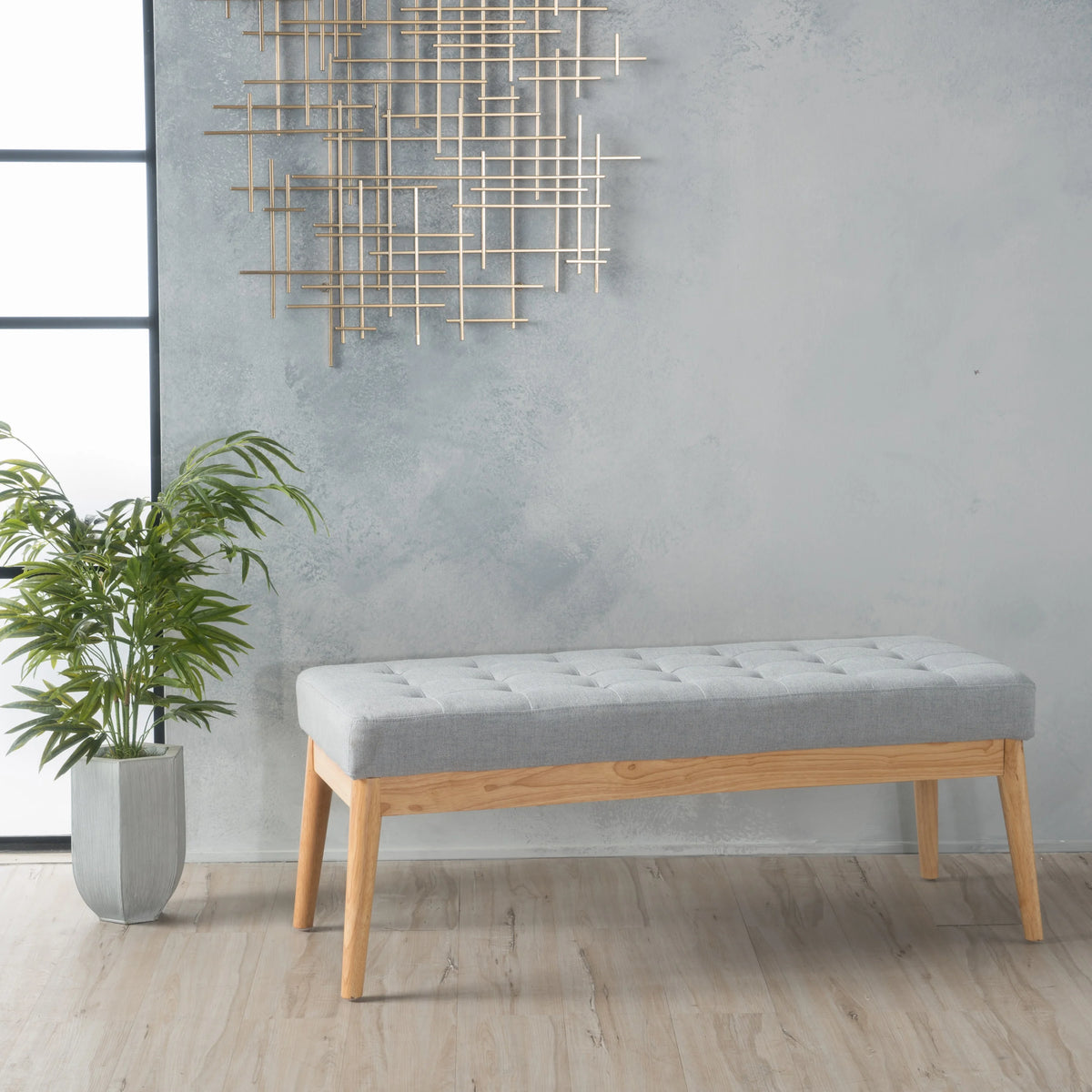 44.75" Mid - Century Tufted Bench - Solid Birch Legs - Plush Polyester Blend - 17" Height, 19.62 lb