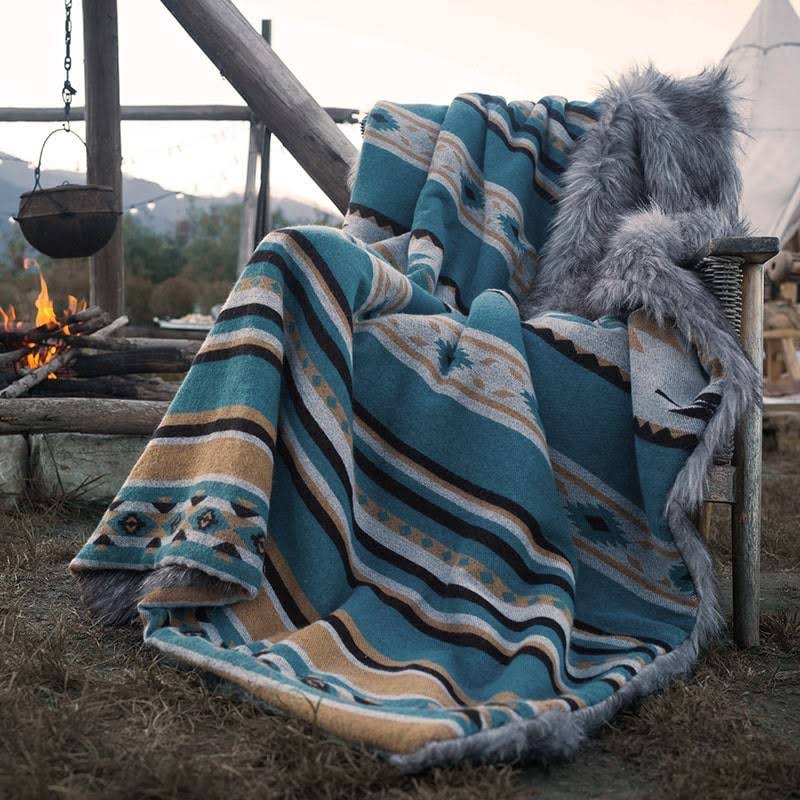 Aztec Faux Fur Blanket - Anifurry Grey+Turquoise / Queen 90"x90"