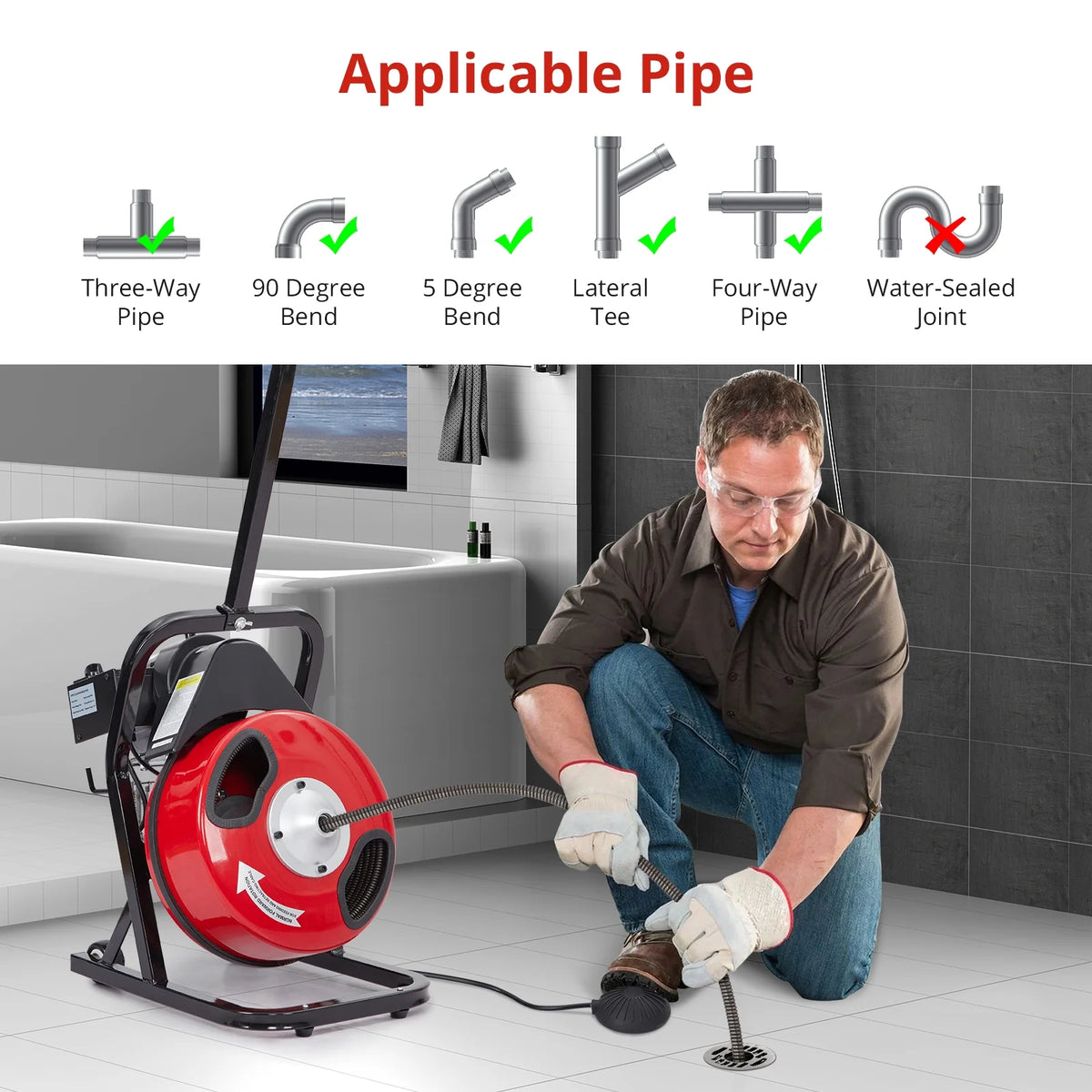 Roromall Drain Cleaner Machine 50FT/75FT/100FT x 3/8 - Inch/1/2 - Inch Sewer Auger Electric Drain Auger Sewer Snake with 4 Cutter, Air - Activated Foot Switch, Gloves