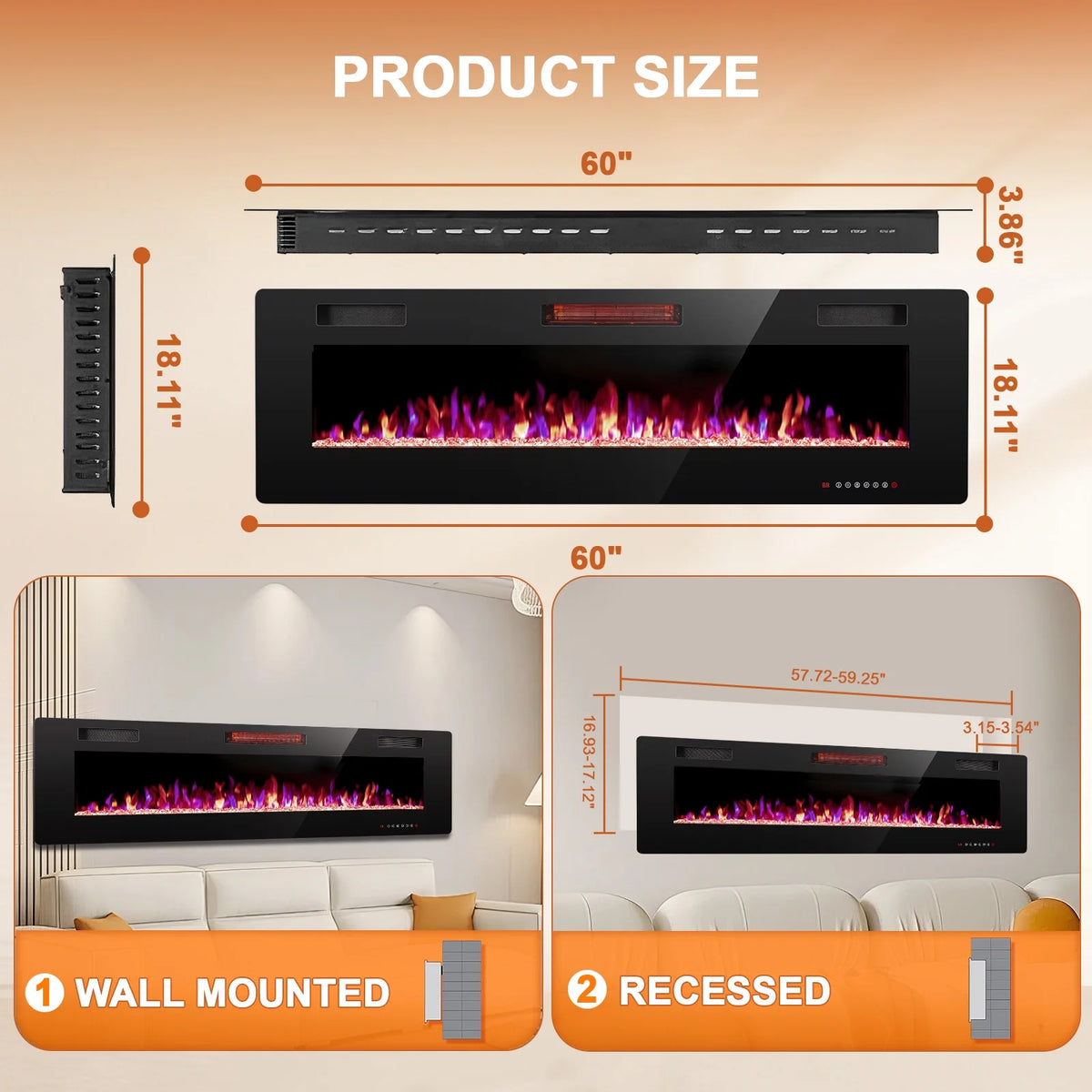 KISSAIR 60 Indoor Electric Fireplace Ultra Thin Fireplace, Wall Mounted Recessed Fireplace with Multiple Colors