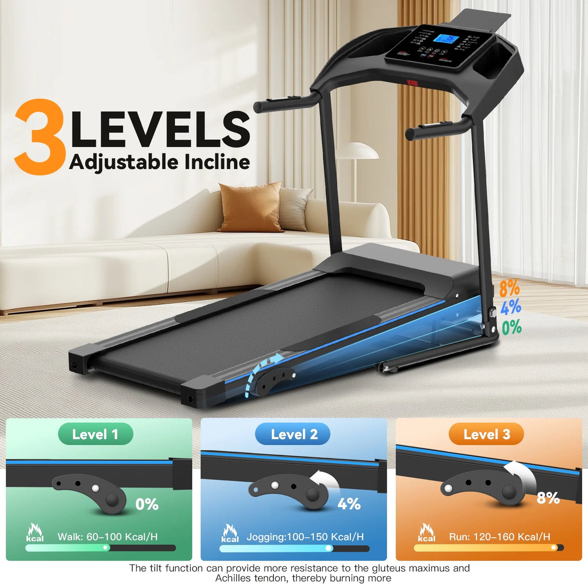 Treadmill with 8% Incline, 3.0 HP Foldable Compact Treadmill with Sit - up Function, 300 lb Walking Running Treadmill with LCD Display for Exercise, 12 Programs
