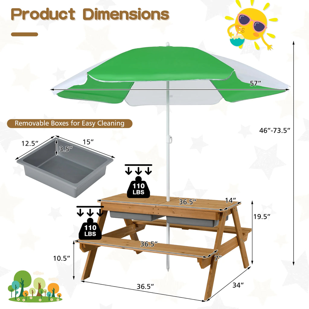 Costway 3 - in - 1 Kids Picnic Table Wooden Outdoor Sand & Water Table with Umbrella Play Boxes Green