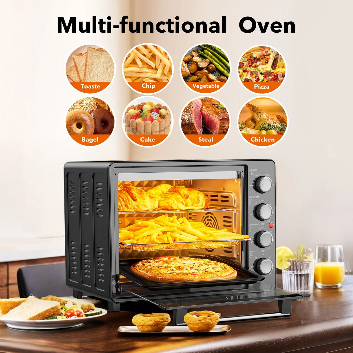 34 QT Super - Large Air Fryer, Oil - Less Air Fryer Toaster Oven Combo with Pizza, Warm, Broil, Toast, Bake, Air Fry, 5 Functions - Black