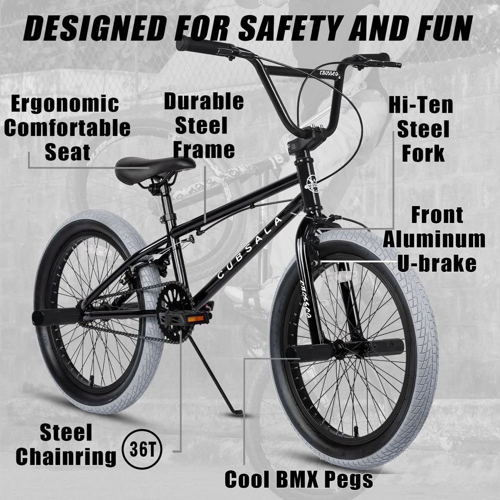 Cubsala 20 in Kids BMX Bike Freestylefor Age 6 - 14 Years Old Boys Girls with 4 Pegs, Black with Red Tires