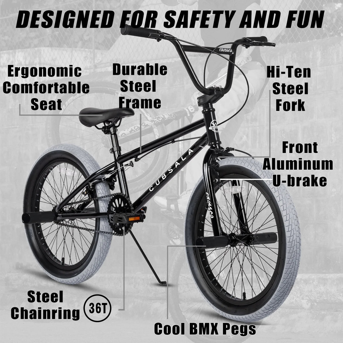 Cubsala 20 in Kids BMX Bike Freestylefor Age 6 - 14 Years Old Boys Girls with 4 Pegs, Black with Red Tires