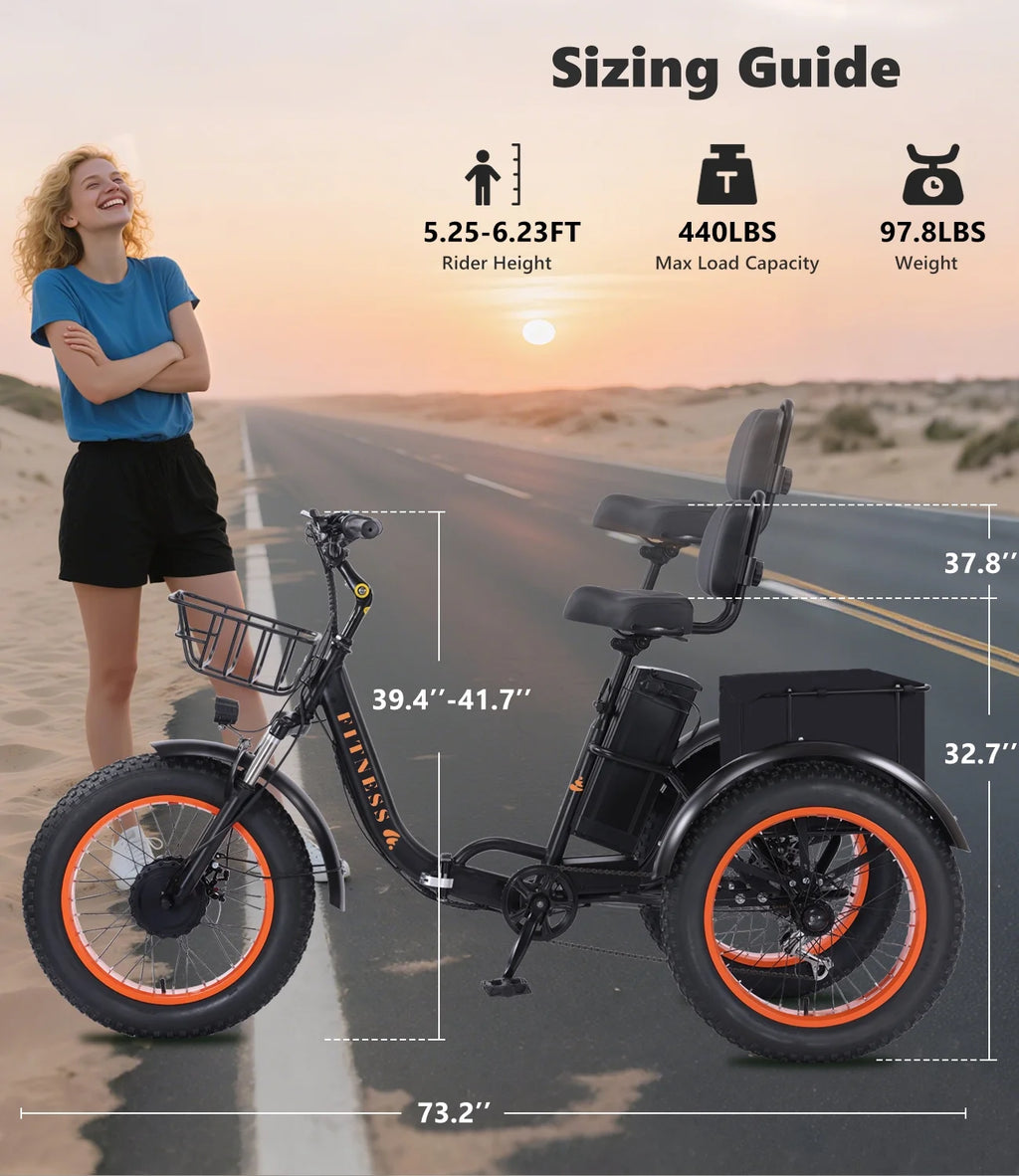 YEBEI Electric Tricycle for Adults Folding E - Trike Motorized Tricycle Electric 3 Wheels Trike Powerful 500W Motor Electric Tricycle 48V15AH Lithium Battery Max 20MPH 20*4.0" Fat Tire Orange