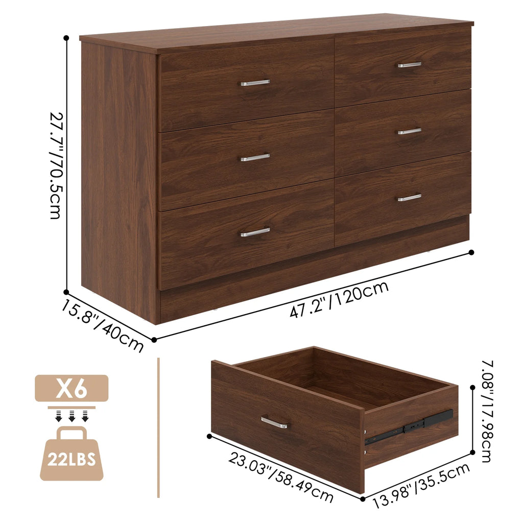 Winkalon 6 Drawer White Double Dresser, Wood Storage Cabinet with Easy Pull Out Handles for Living Room, Chest of Drawers for Bedroom