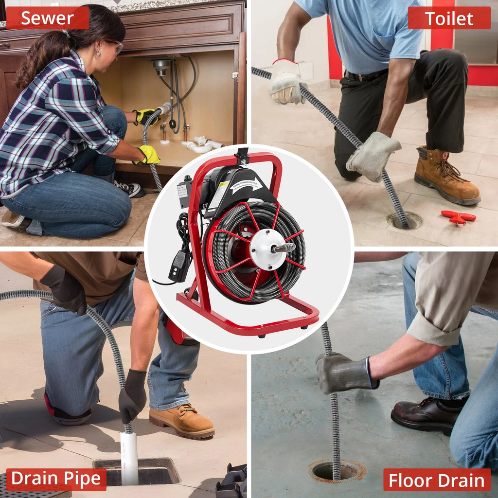 Roromall Drain Cleaner Machine 50FT/75FT/100FT x 3/8 - Inch/1/2 - Inch Sewer Auger Electric Drain Auger Sewer Snake with 4 Cutter, Air - Activated Foot Switch, Gloves