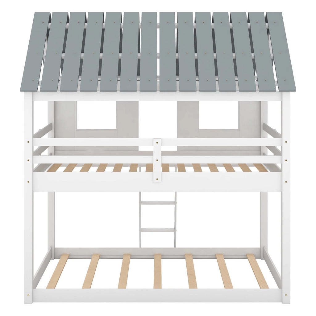 Euroco Twin Over Twin Low Bunk Bed with Roof and Guardrail for Kids Room, White