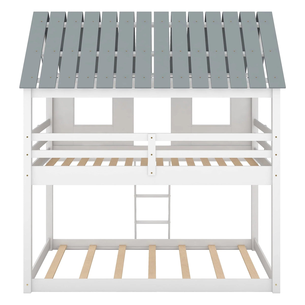 Euroco Twin Over Twin Low Bunk Bed with Roof and Guardrail for Kids Room, White