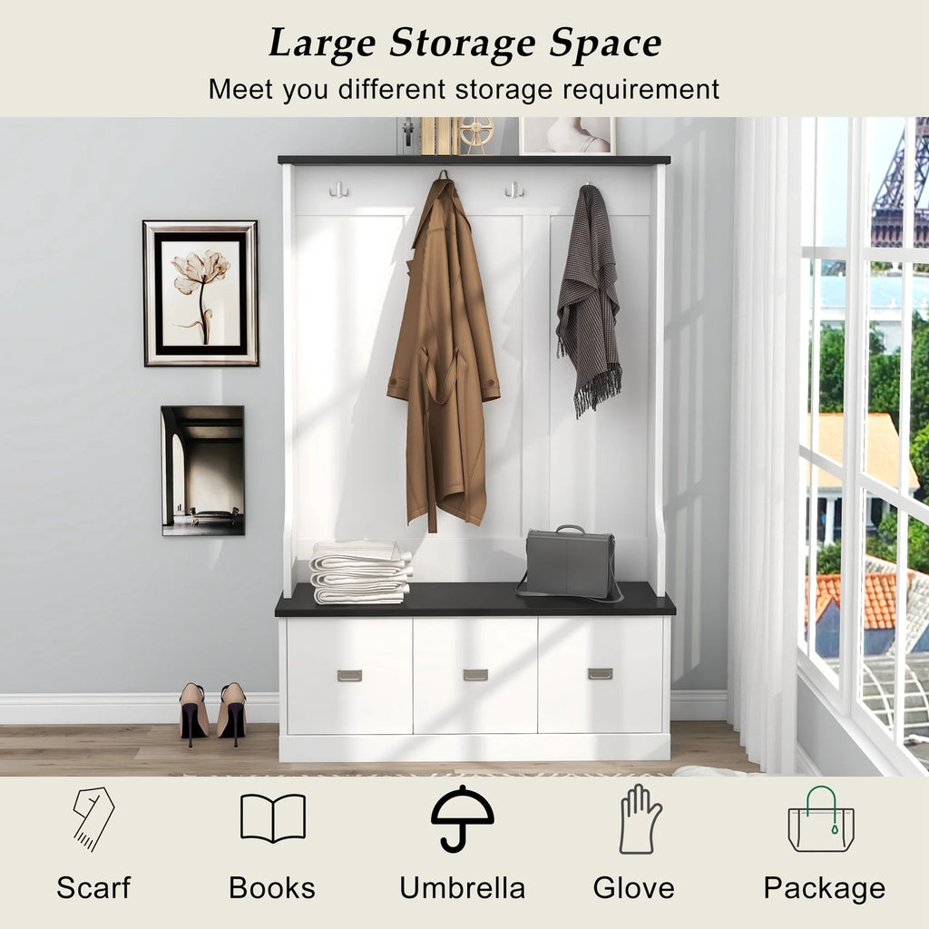 Hall Tree with Upholstered Bench and Coat Rack, Entryway Bench with 3 Hooks, 3 Open Shelves, 2 Drawers & Storage Cabinets, Mudroom Bench with Storage and Hooks for Foyer, Entry Way, Hallway (Beige)