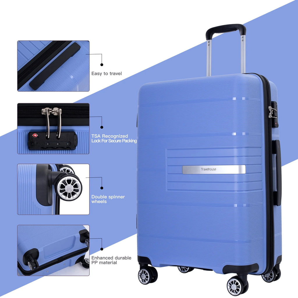 Tripcomp 3 Piece Luggage Sets, Hard Shell Carry on Luggage, PP Case with Two Hooks, Spinner Wheels, TSA Lock, Airline Approved, Lightweight Durable Suitcase, （20"24"28"）(Purplish Blue)