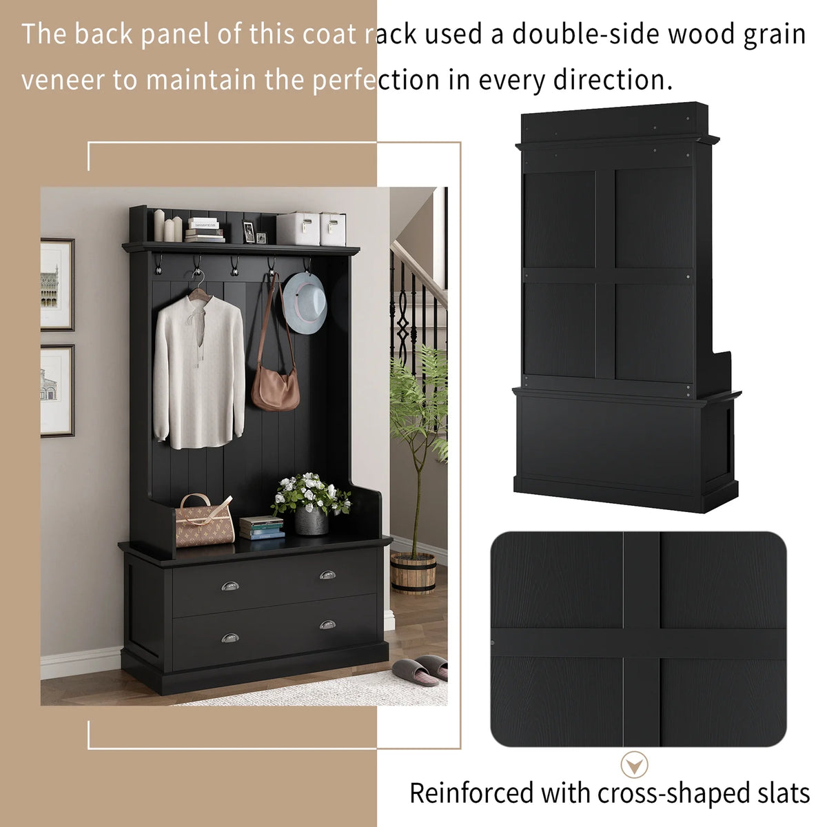 Hall Tree with Upholstered Bench and Coat Rack, Entryway Bench with 3 Hooks, 3 Open Shelves, 2 Drawers & Storage Cabinets, Mudroom Bench with Storage and Hooks for Foyer, Entry Way, Hallway (Beige)
