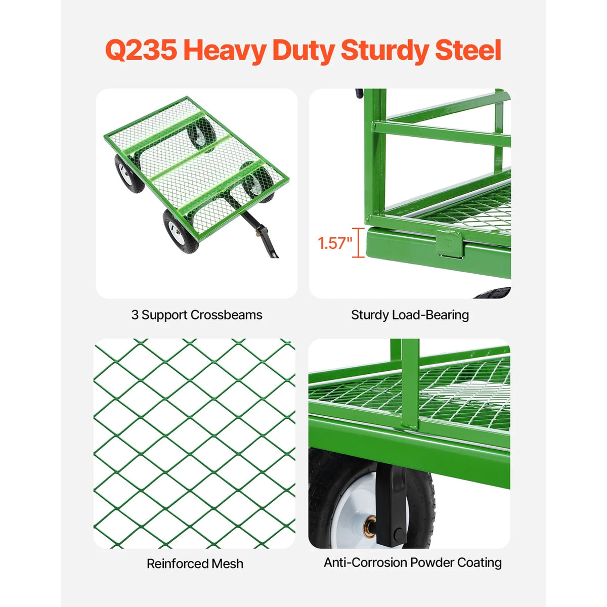 KFFKFF Mesh Steel Garden Cart 1200 lb, 43.3 x 29.5 " Heavy Duty Utility Wagon Cart, Pullable Metal Garden Trolley with 13' All-Terrain Tires, Removable Mesh Sides, 180swiveling Handle (Green)