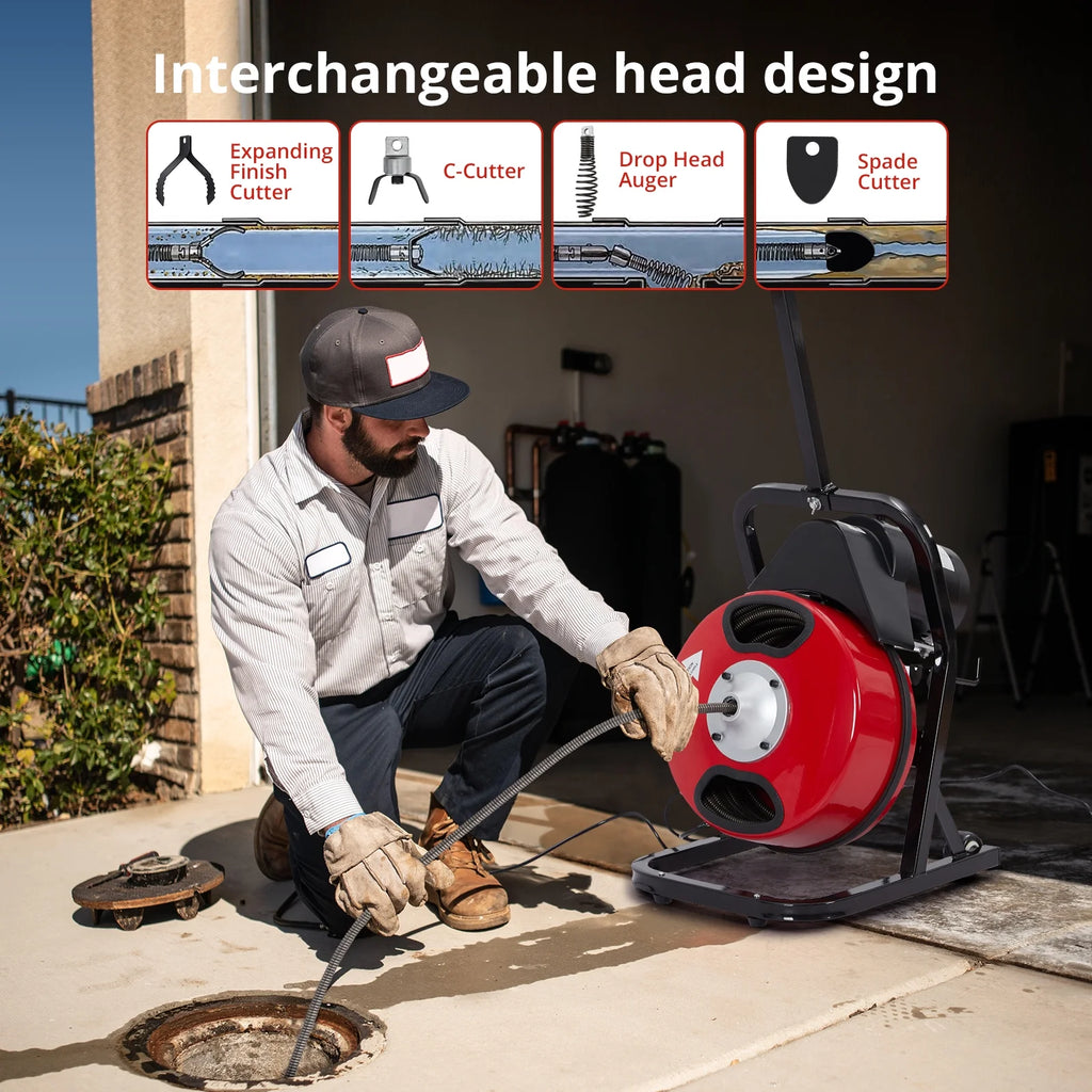 Roromall Drain Cleaner Machine 50FT/75FT/100FT x 3/8 - Inch/1/2 - Inch Sewer Auger Electric Drain Auger Sewer Snake with 4 Cutter, Air - Activated Foot Switch, Gloves