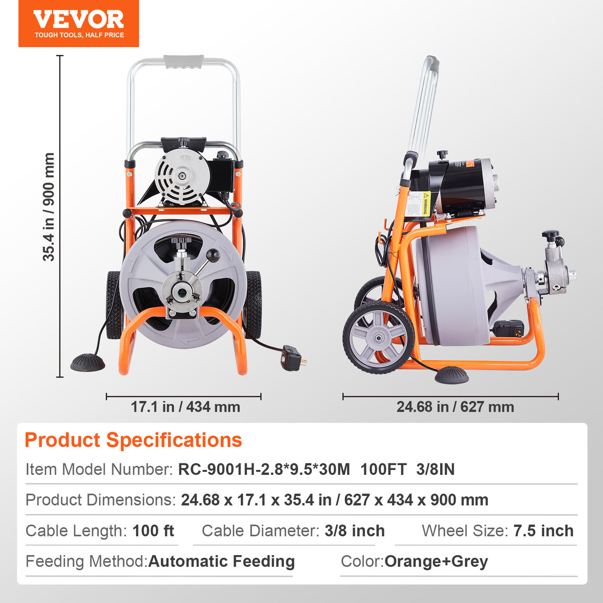 VEVOR Drain Cleaner Machine 100FT x 3/8 in, Auto Feed Sewer Snake Drain Auger on Wheels, Portable Drain Cleaning Machine with 8 Cutters & Air - Activated Foot Switch for 2" to 4" Pipes