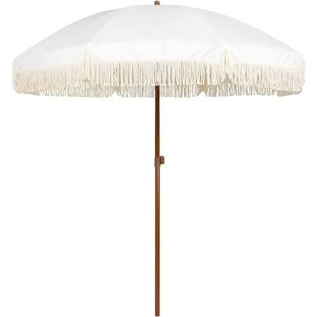 AMMSUN 7ft Patio Umbrella with Fringe Outdoor Tassel Umbrella UPF50+ Tilt Boho Umbrella,White Cream, Size: 7', Beige